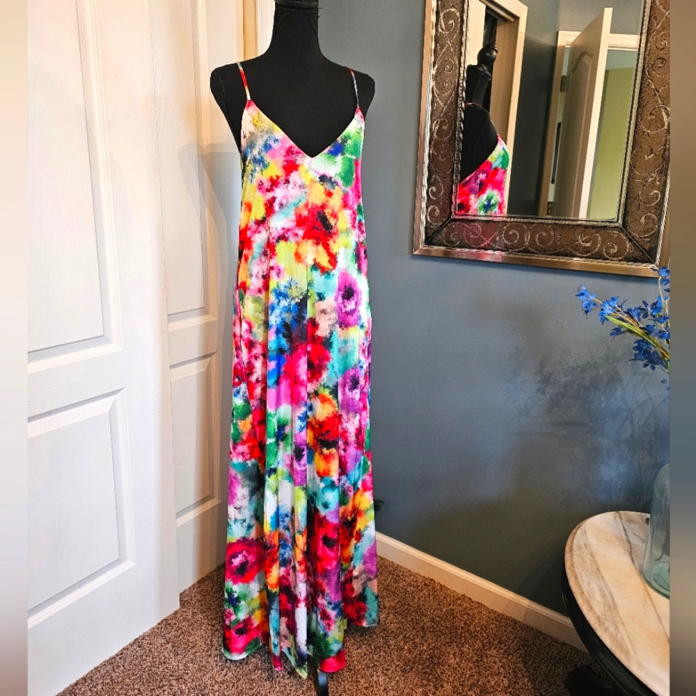 NWT Nicole Miller Watercolor Floral Satin Print Maxi Dress Sz XL